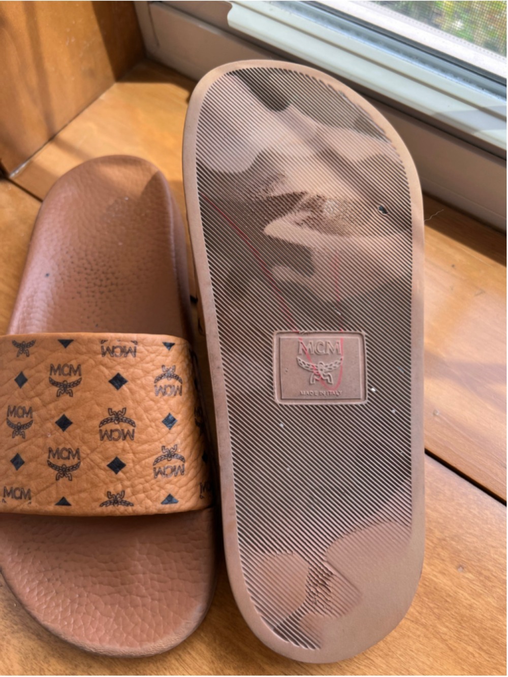 MCM Logo Print Slide Sandals in Brown and Black 37/7 Italy Designer - Picture 7 of 7